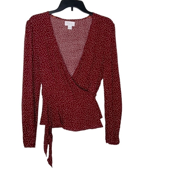 Vixbe Tops - Vixbe polka dot wrapped blouse with deep V neckline. Long sleeves. Size S